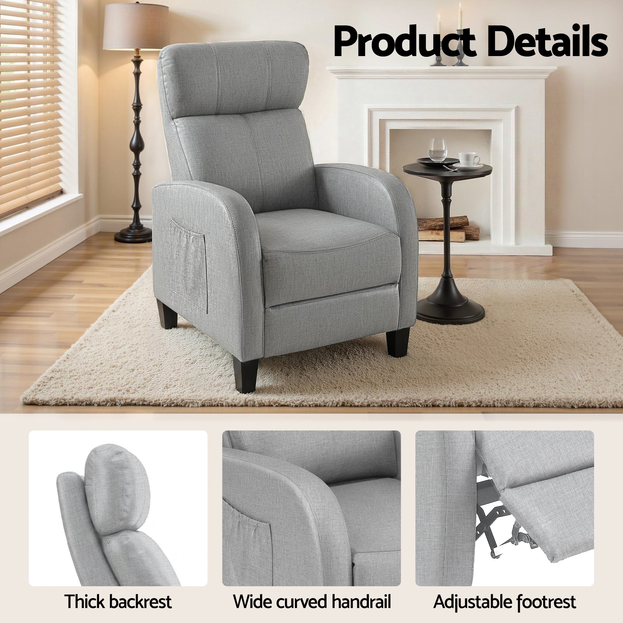 Arm Chairs & Recliners: Artiss Massage Recliner Chair Small Recliner Sofa for Adults Fabric Grey