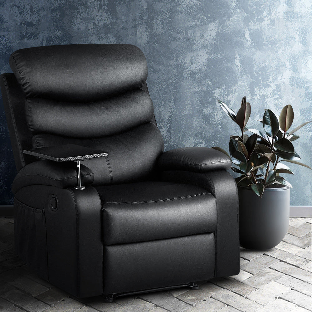 Arm Chairs & Recliners: Artiss Recliner Chair Leather Black Tray Table Erika
