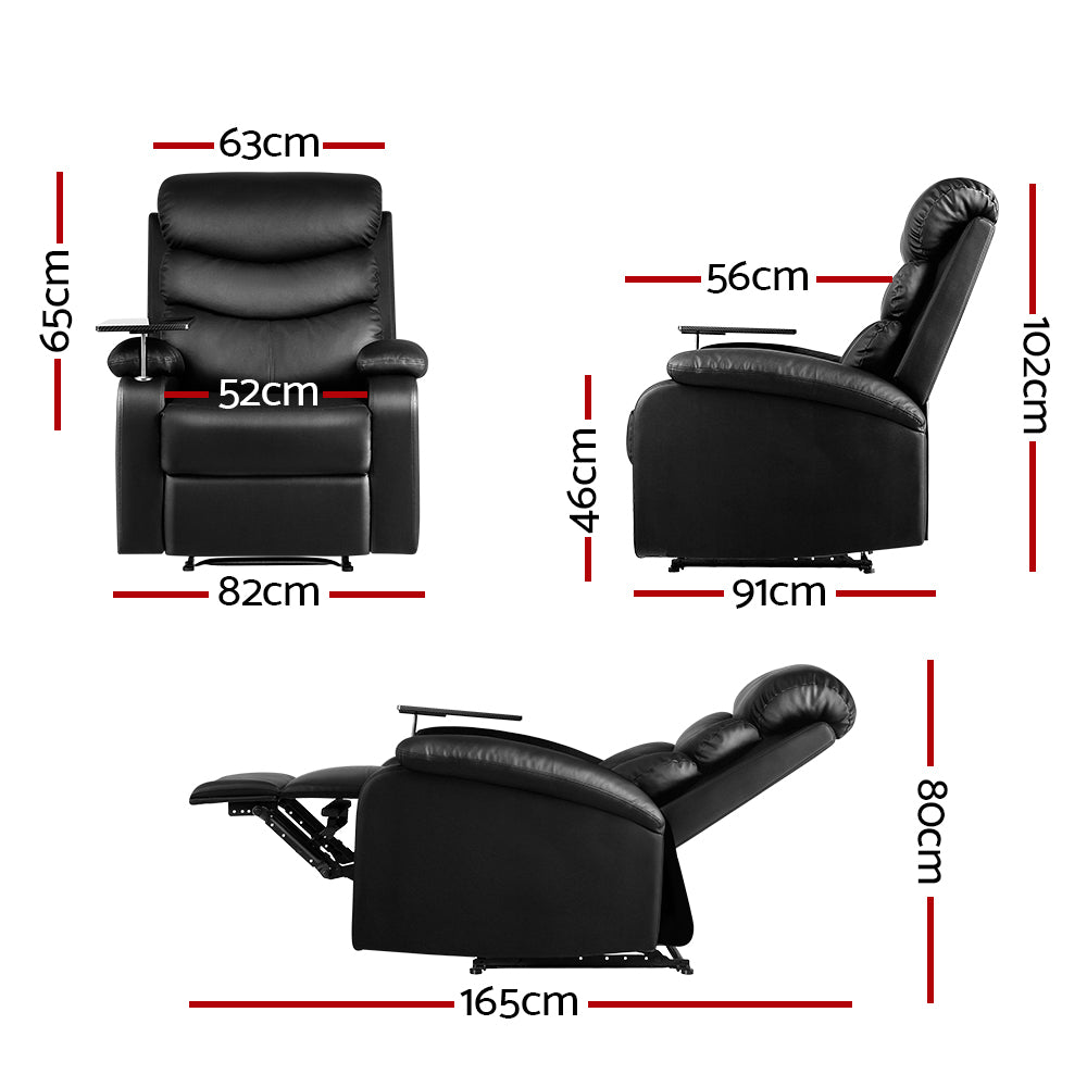 Arm Chairs & Recliners: Artiss Recliner Chair Leather Black Tray Table Erika