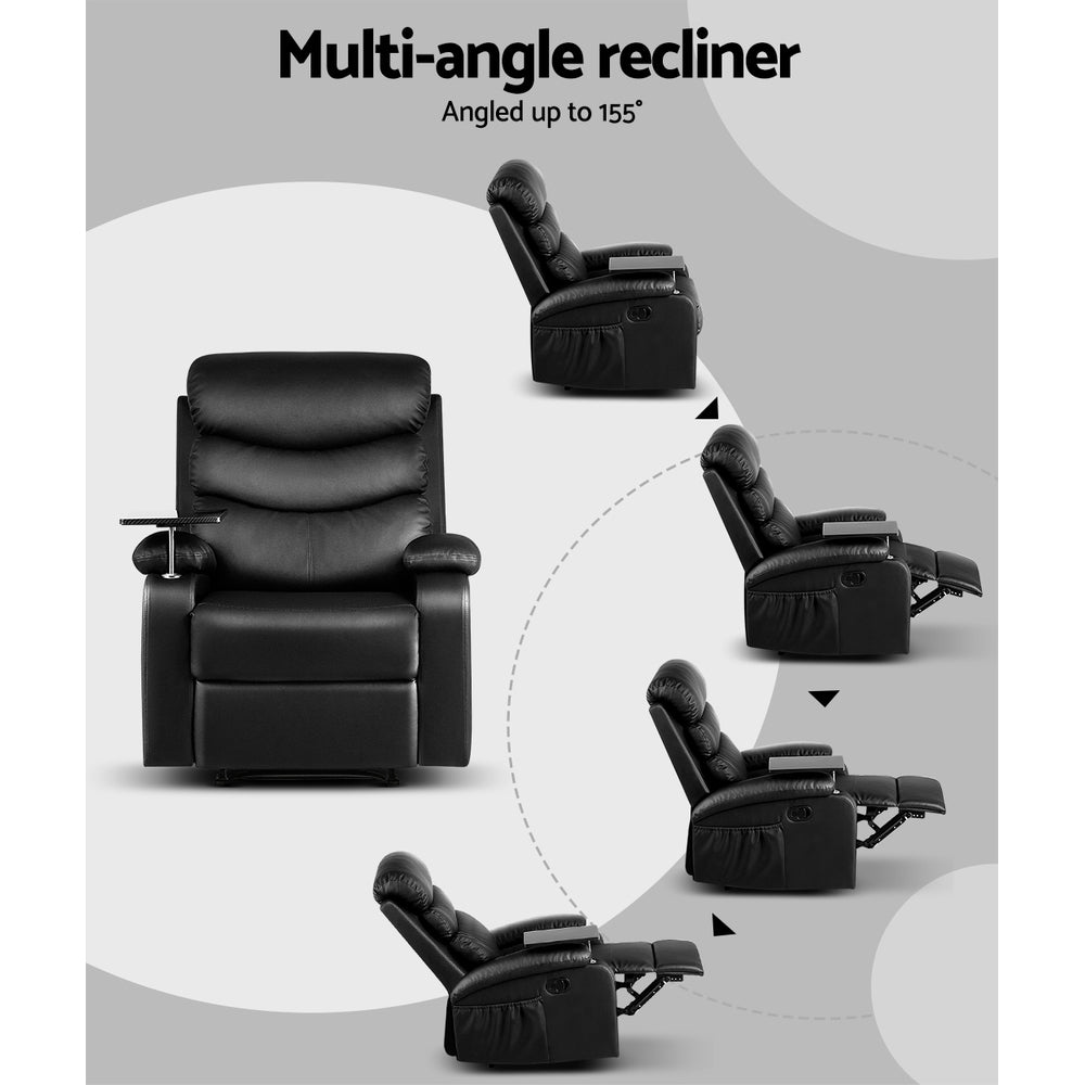 Arm Chairs & Recliners: Artiss Recliner Chair Leather Black Tray Table Erika
