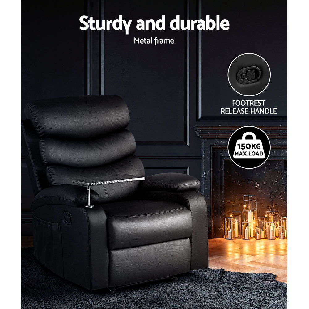Arm Chairs & Recliners: Artiss Recliner Chair Leather Black Tray Table Erika