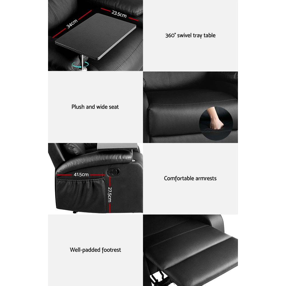 Arm Chairs & Recliners: Artiss Recliner Chair Leather Black Tray Table Erika