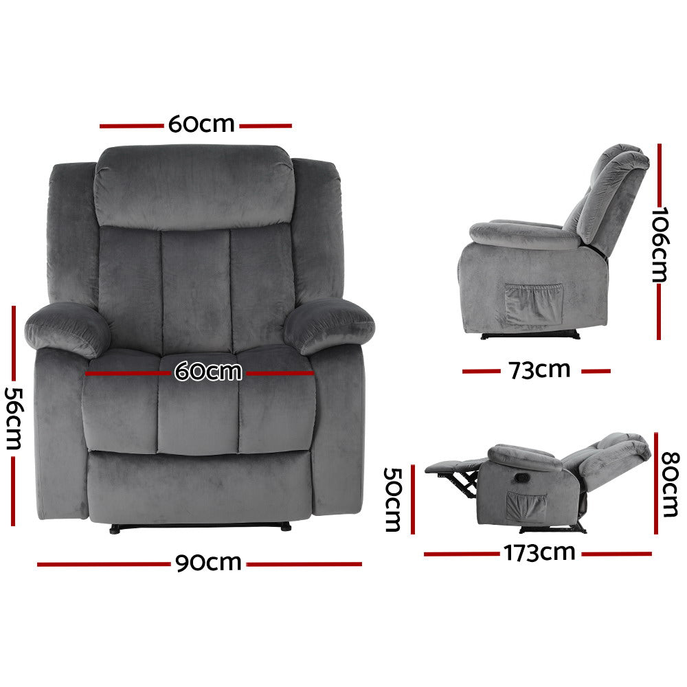Massage Chairs: Artiss Recliner Chair Electric Massage Chair Velvet Lounge Sofa Heated Grey