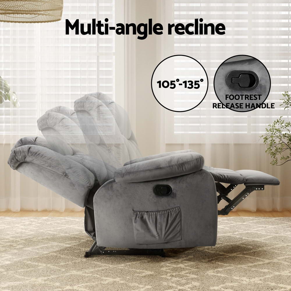 Massage Chairs: Artiss Recliner Chair Electric Massage Chair Velvet Lounge Sofa Heated Grey