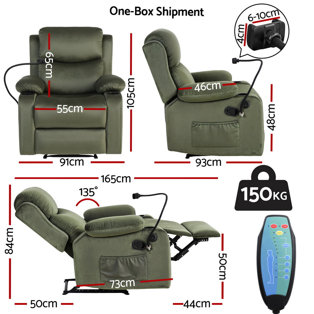 Arm Chairs & Recliners: Artiss Recliner Chair Heated Massage Chair with Phone Holder Velvet