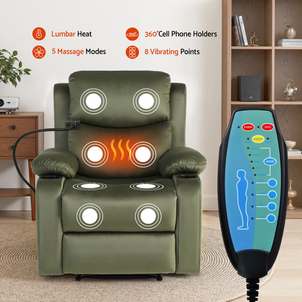 Arm Chairs & Recliners: Artiss Recliner Chair Heated Massage Chair with Phone Holder Velvet