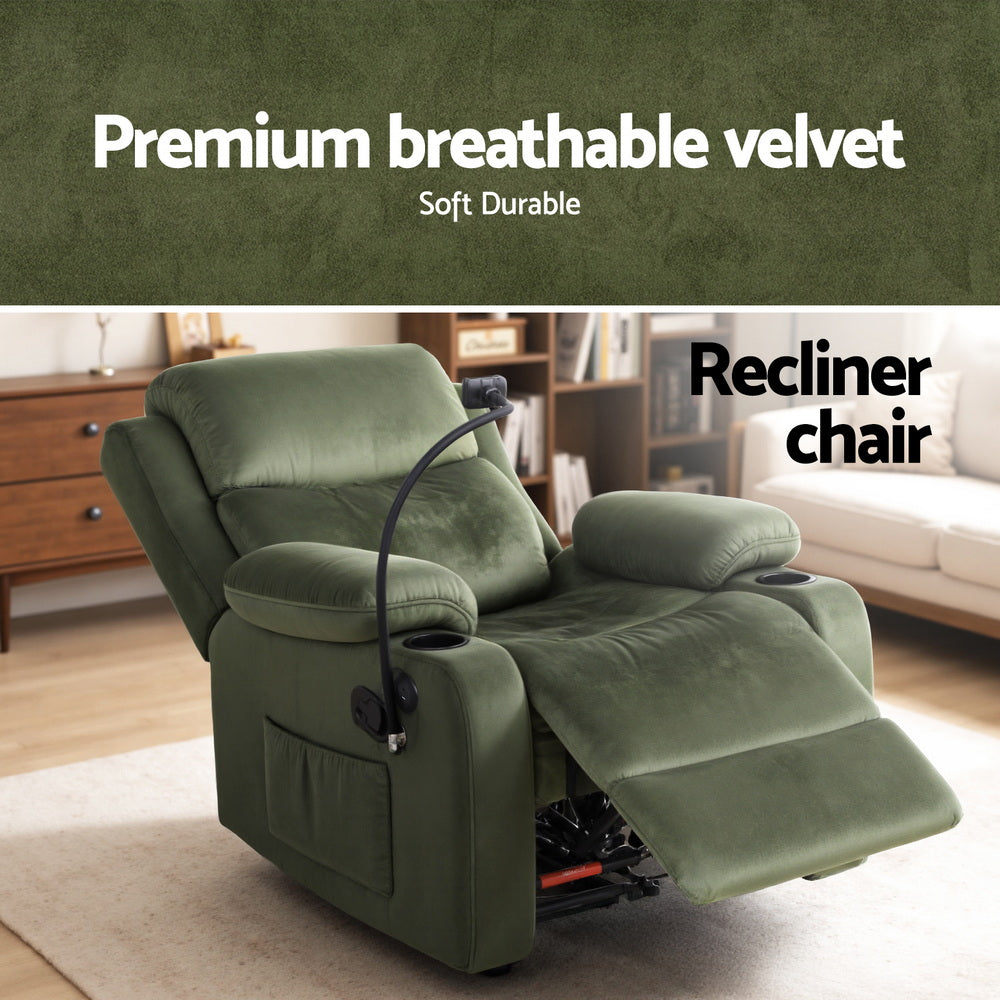Arm Chairs & Recliners: Artiss Recliner Chair Heated Massage Chair with Phone Holder Velvet