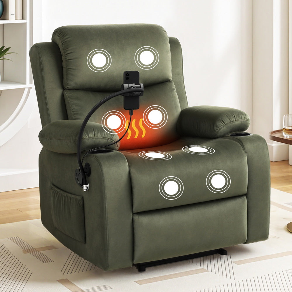 Arm Chairs & Recliners: Artiss Recliner Chair Heated Massage Chair with Phone Holder Velvet