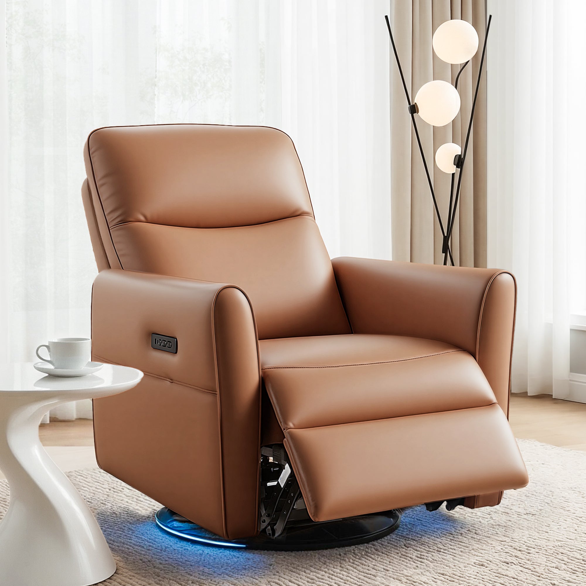 Arm Chairs & Recliners: Artiss Swivel Recliner Chair Leather Rocking Reclining Sofa with Charging Ports LED Brown