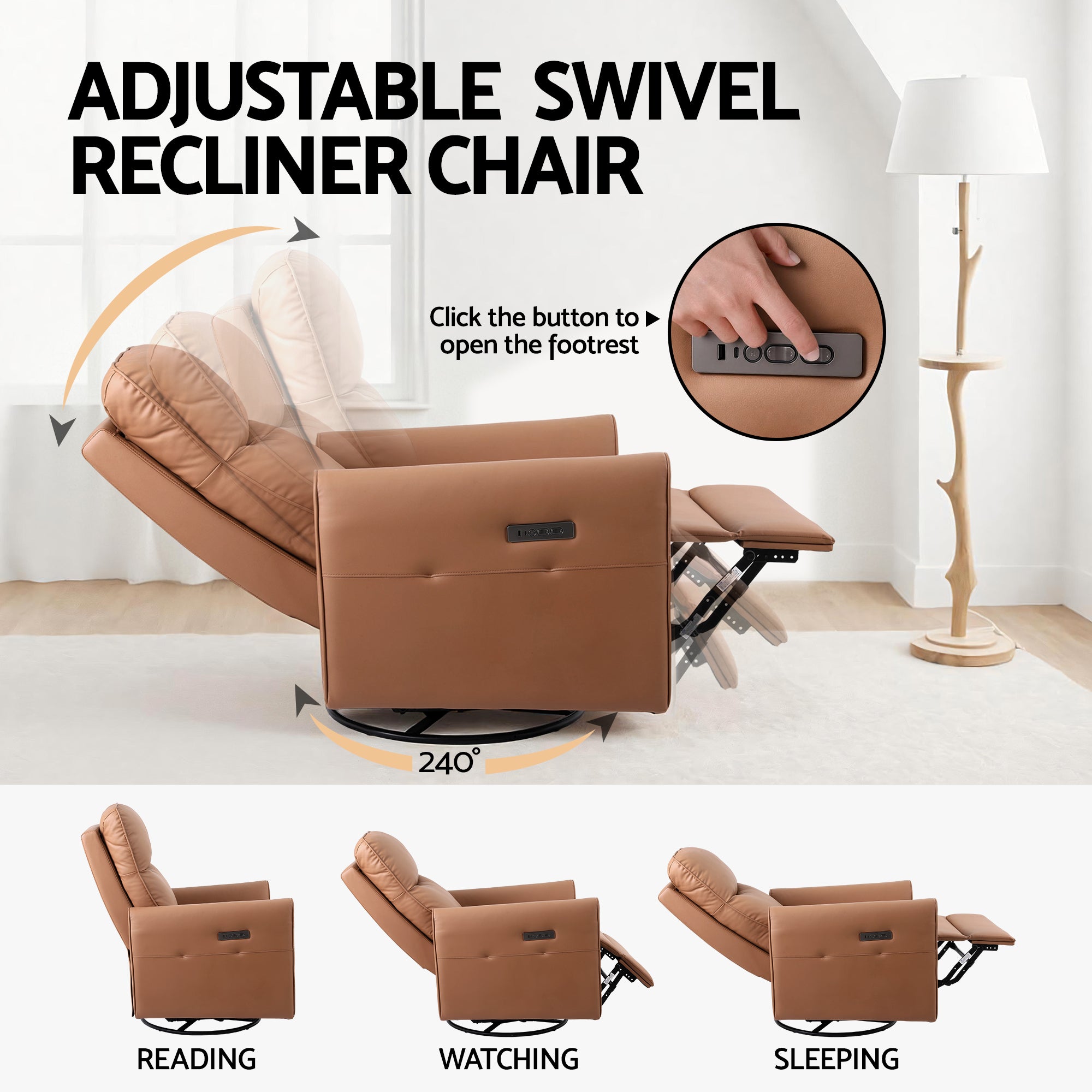 Arm Chairs & Recliners: Artiss Swivel Recliner Chair Leather Rocking Reclining Sofa with Charging Ports LED Brown