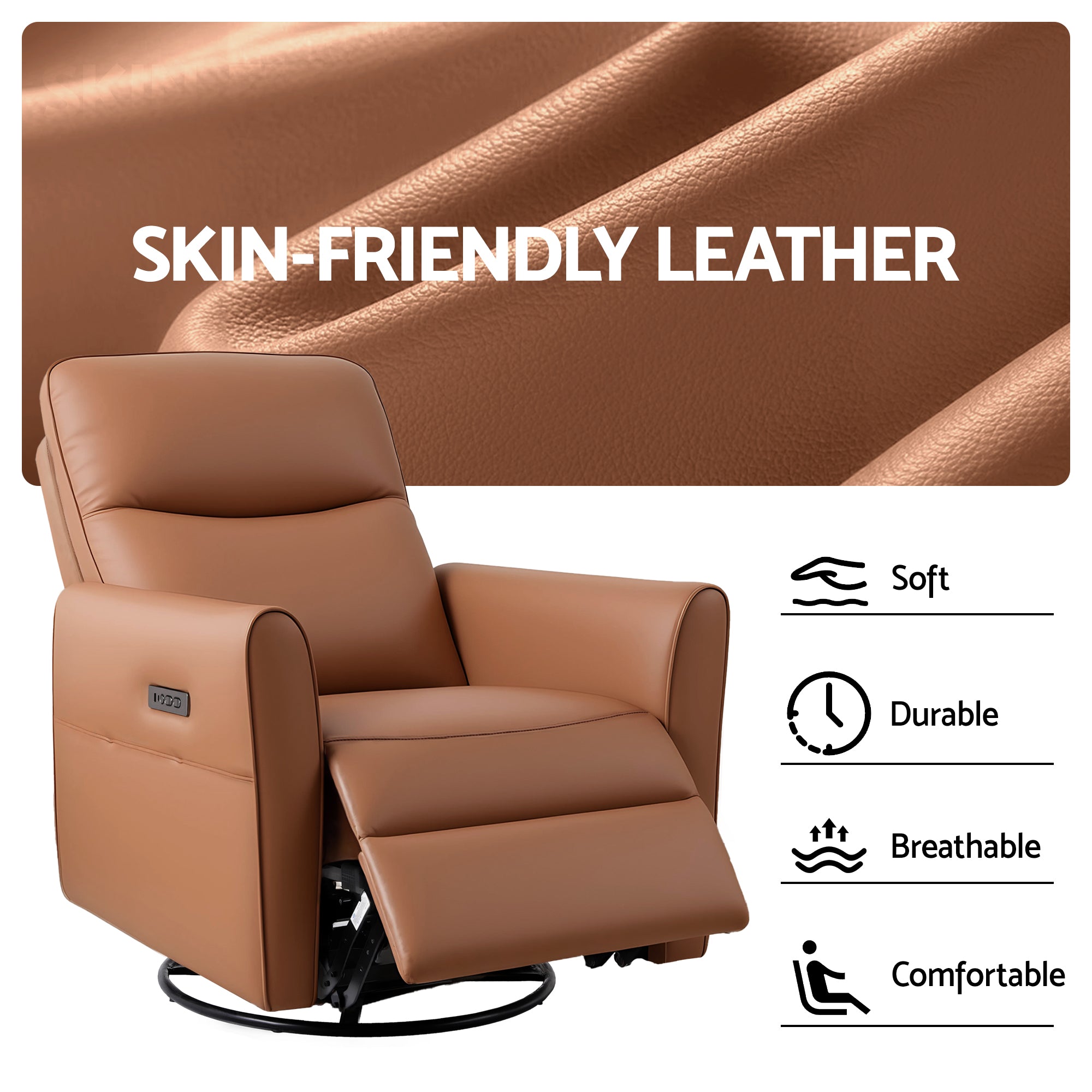 Arm Chairs & Recliners: Artiss Swivel Recliner Chair Leather Rocking Reclining Sofa with Charging Ports LED Brown