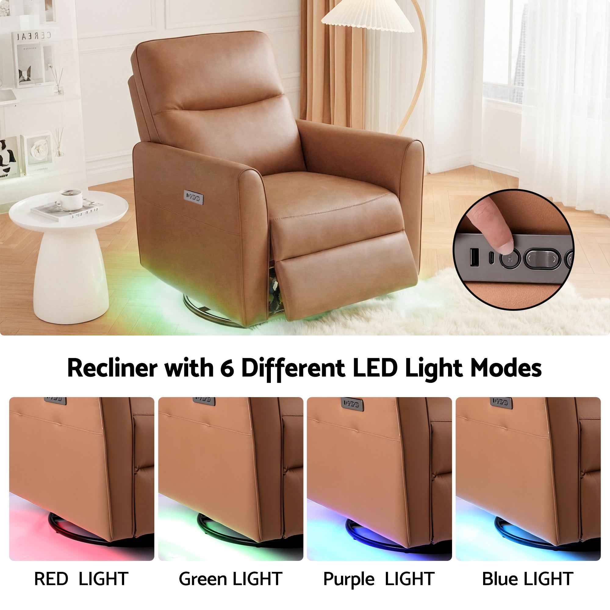 Arm Chairs & Recliners: Artiss Swivel Recliner Chair Leather Rocking Reclining Sofa with Charging Ports LED Brown