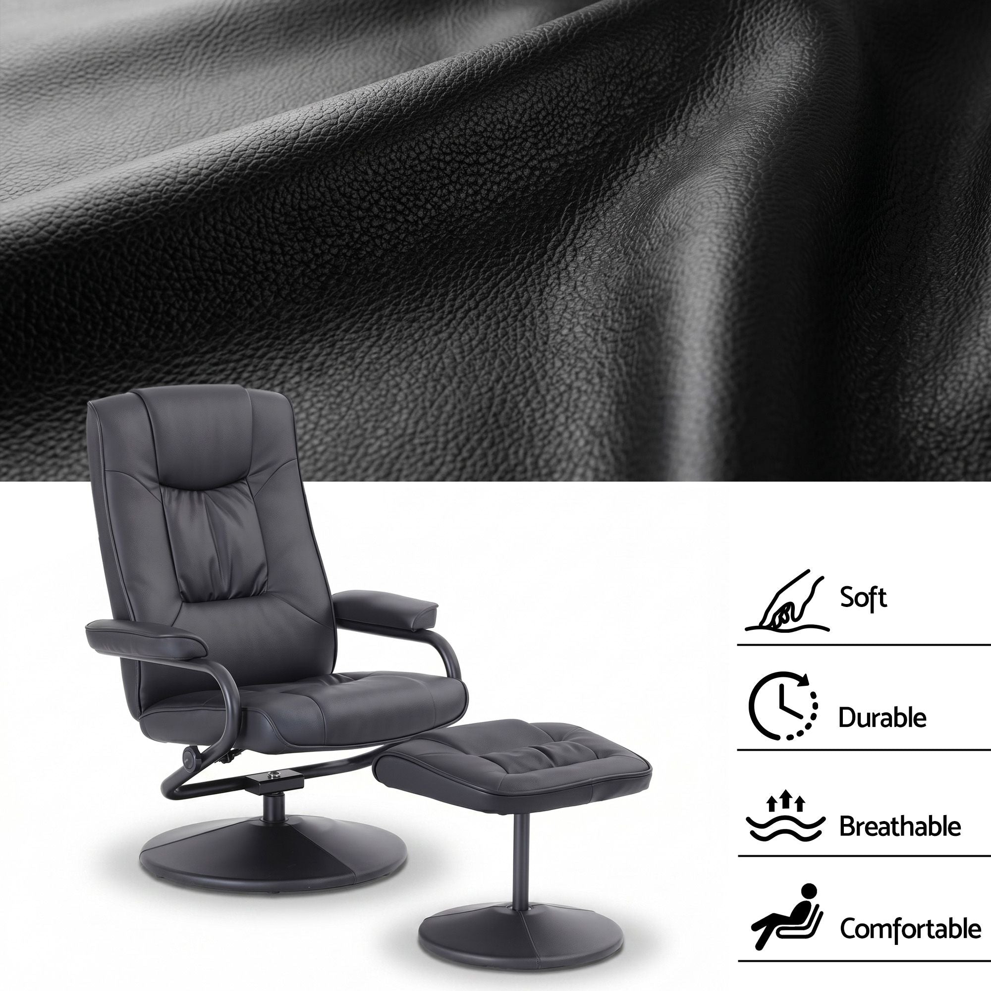 Artiss Recliner with Ottoman 360-Degree Swivel Recliner Chair and Ottoman Set PU Leather Black