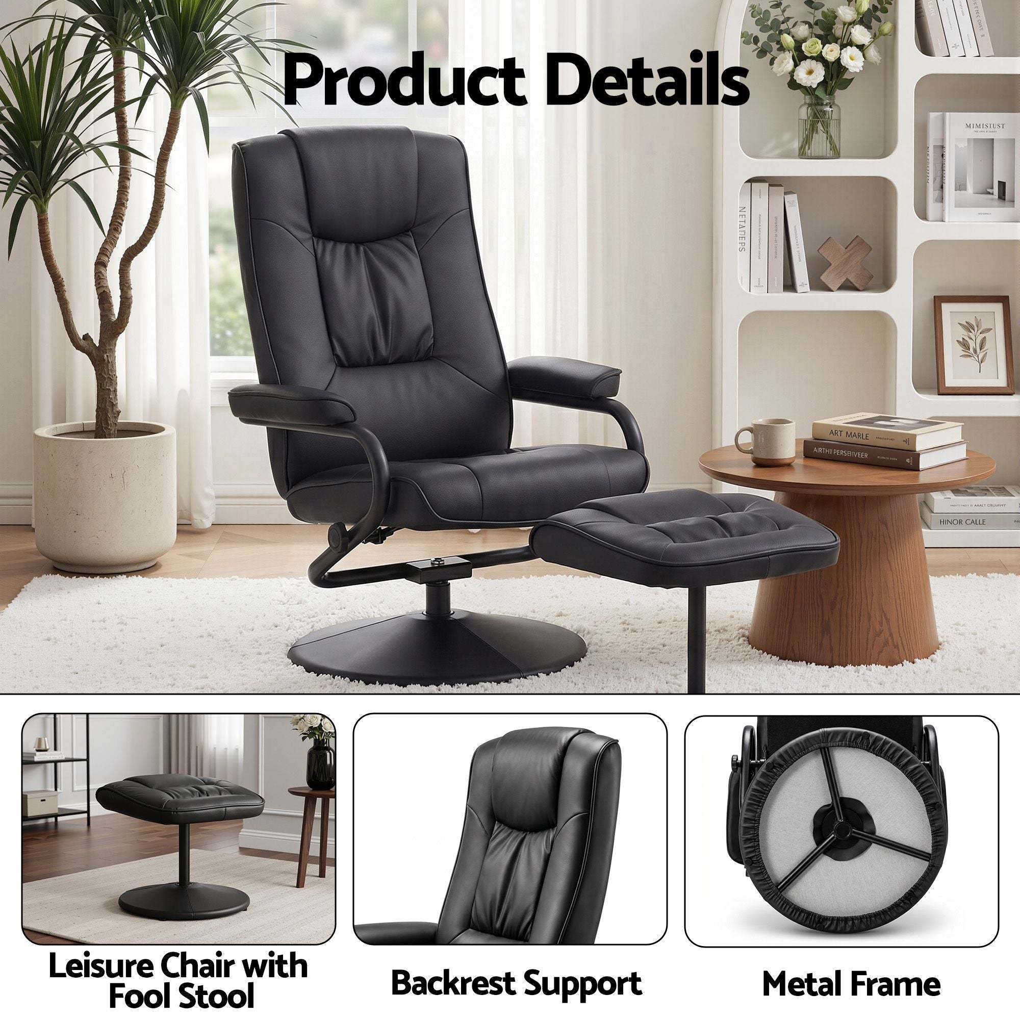 Artiss Recliner with Ottoman 360-Degree Swivel Recliner Chair and Ottoman Set PU Leather Black