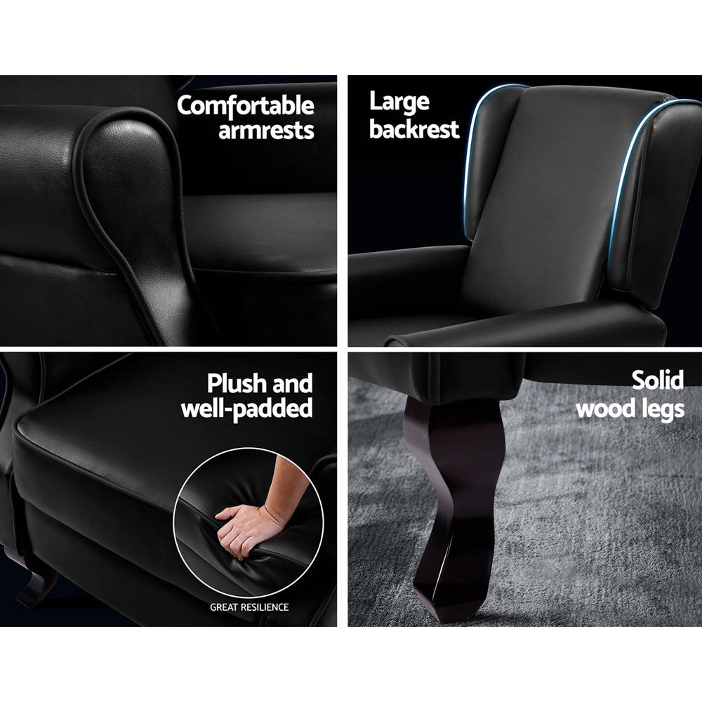 Arm Chairs & Recliners: Artiss Recliner Armchair Black Faux Leather Domini