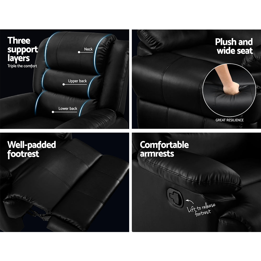 Arm Chairs & Recliners: Artiss Recliner Chair Leather Black Cissy