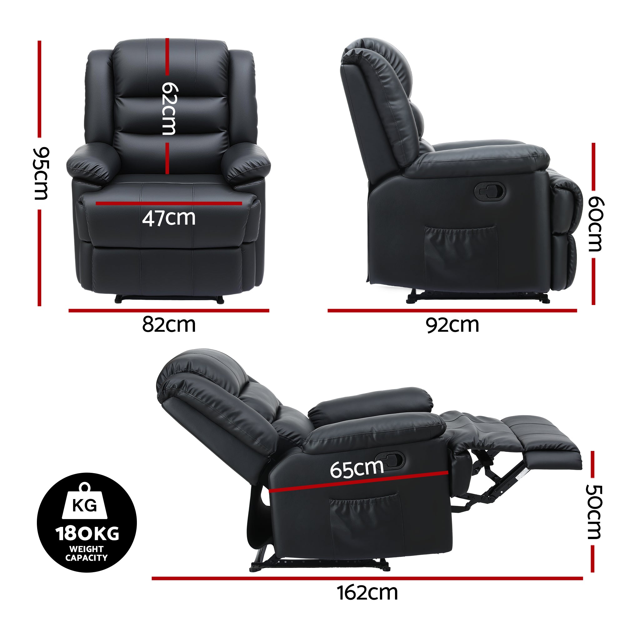 Arm Chairs & Recliners: Artiss Manual Recliner Chair Leather Reclining Sofa with 16color Led Black