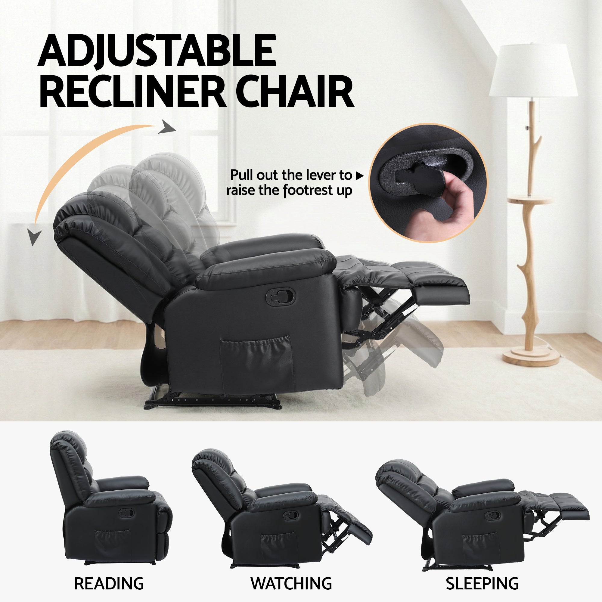 Arm Chairs & Recliners: Artiss Manual Recliner Chair Leather Reclining Sofa with 16color Led Black