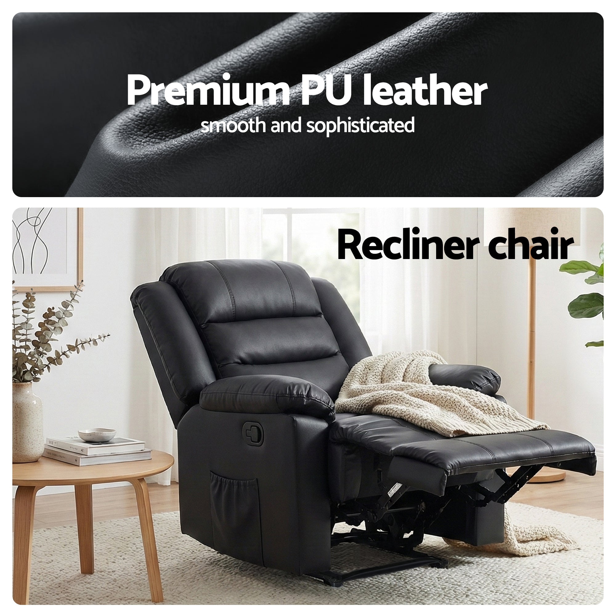 Arm Chairs & Recliners: Artiss Manual Recliner Chair Leather Reclining Sofa with 16color Led Black