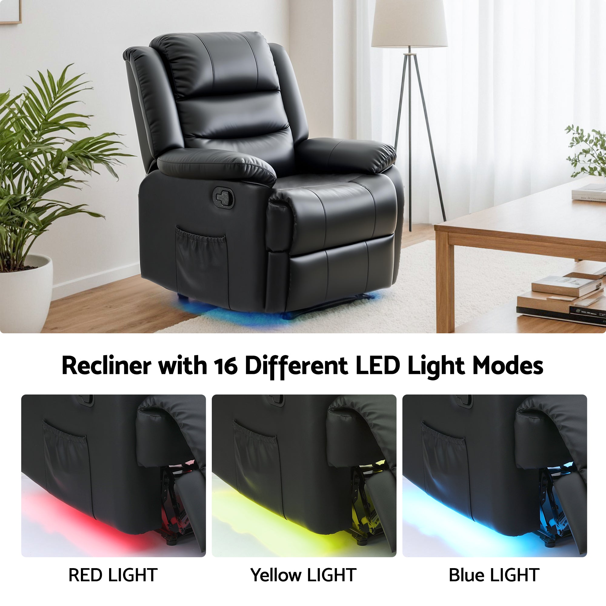 Arm Chairs & Recliners: Artiss Manual Recliner Chair Leather Reclining Sofa with 16color Led Black