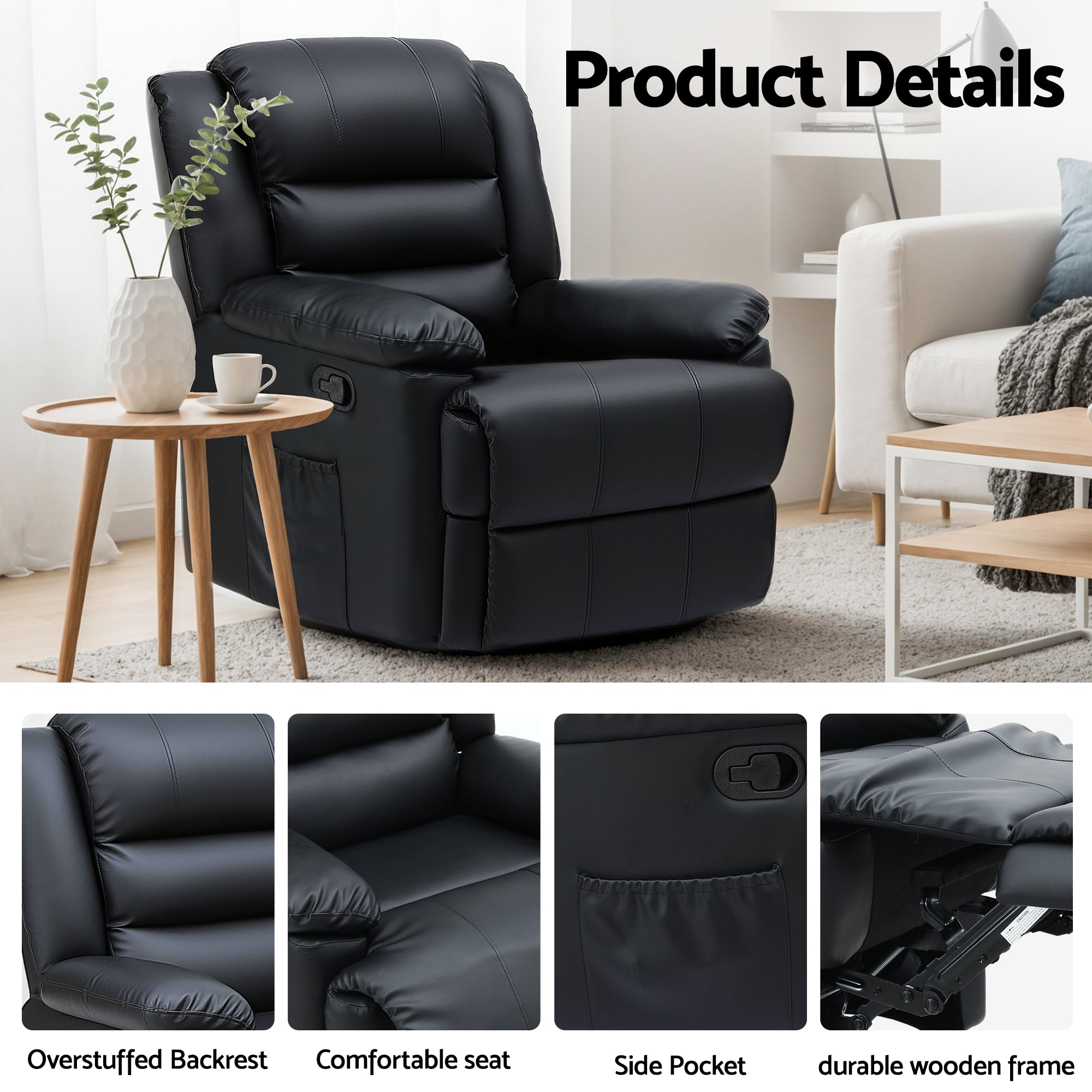 Arm Chairs & Recliners: Artiss Manual Recliner Chair Leather Reclining Sofa with 16color Led Black
