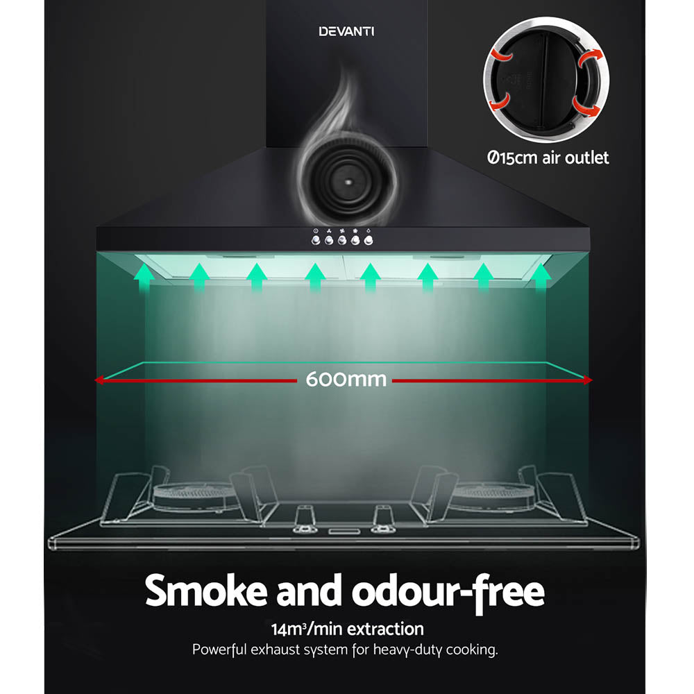 Cooking Ranges: Devanti 600mm Range Hood 60cm Rangehood Black