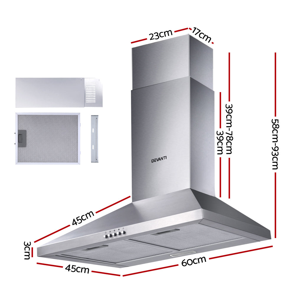 Cooking Ranges: Devanti 600mm Range Hood 60cm Rangehood Stainless Steel