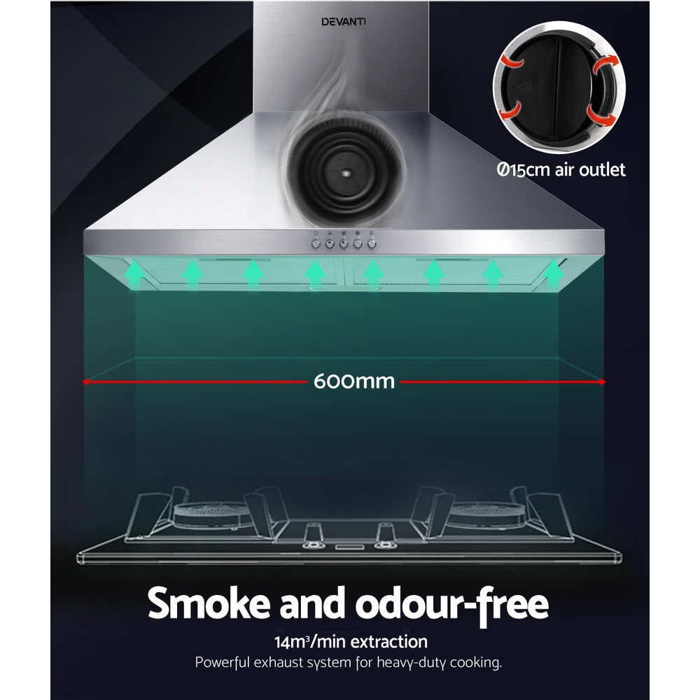 Cooking Ranges: Devanti 600mm Range Hood 60cm Rangehood Stainless Steel
