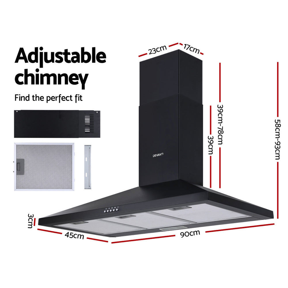 Cooking Ranges: Devanti 900mm Range Hood 90cm Rangehood Black