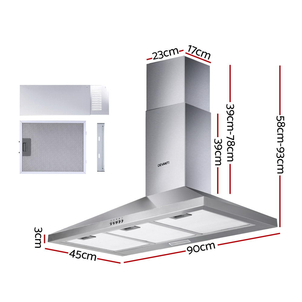 Cooking Ranges: Devanti 900mm Range Hood 90cm Rangehood Stainless Steel