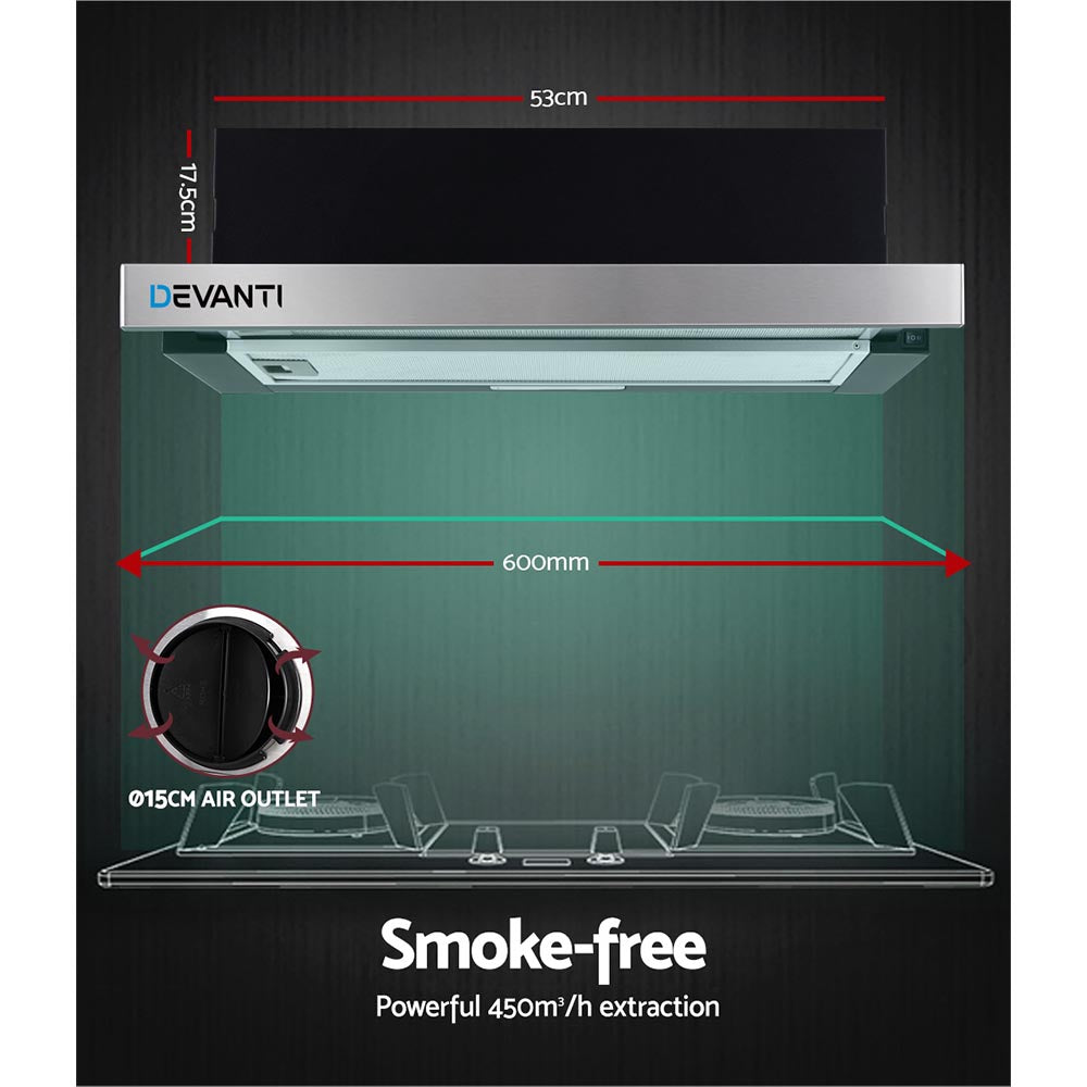 Cooking Ranges: Devanti 600mm Range Hood 60cm Slide out Rangehood Stainless Steel