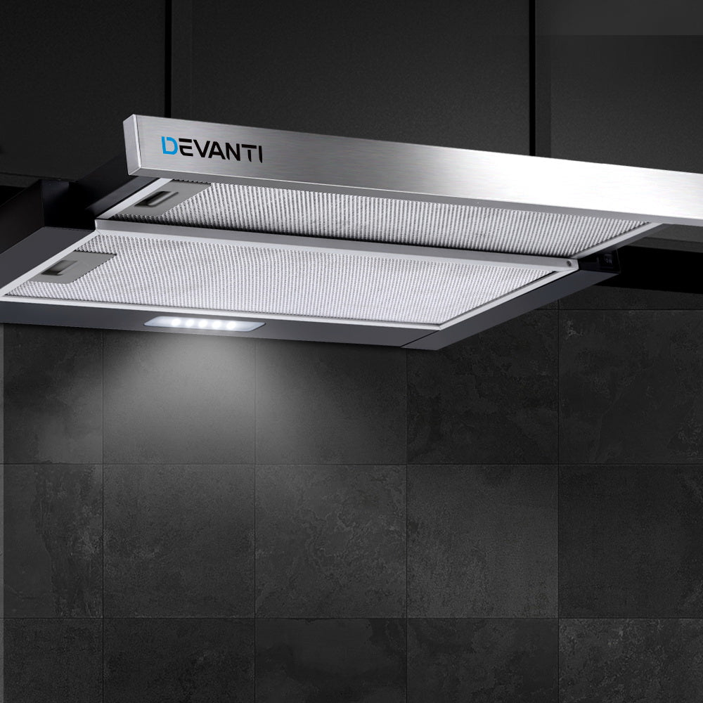 Cooking Ranges: Devanti 600mm Range Hood 60cm Slide out Rangehood Stainless Steel
