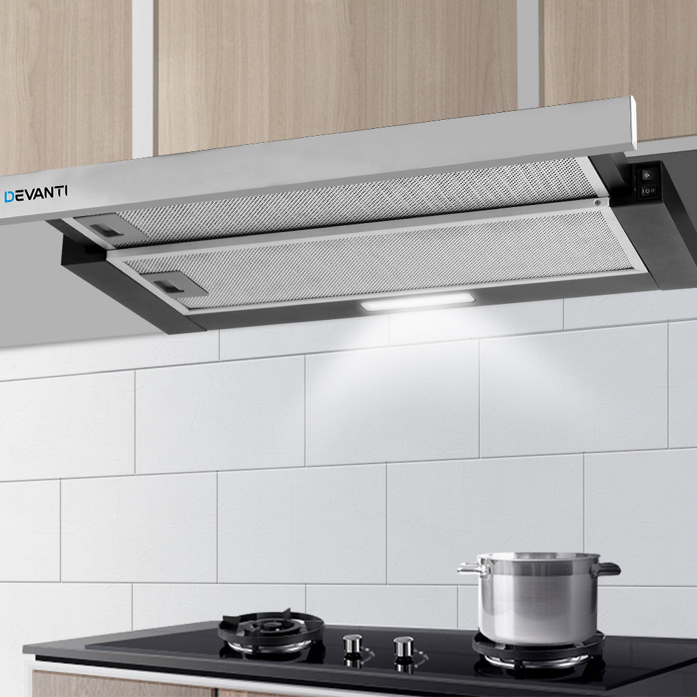 Cooking Ranges: Devanti 600mm Range Hood 60cm Slide out Rangehood Stainless Steel