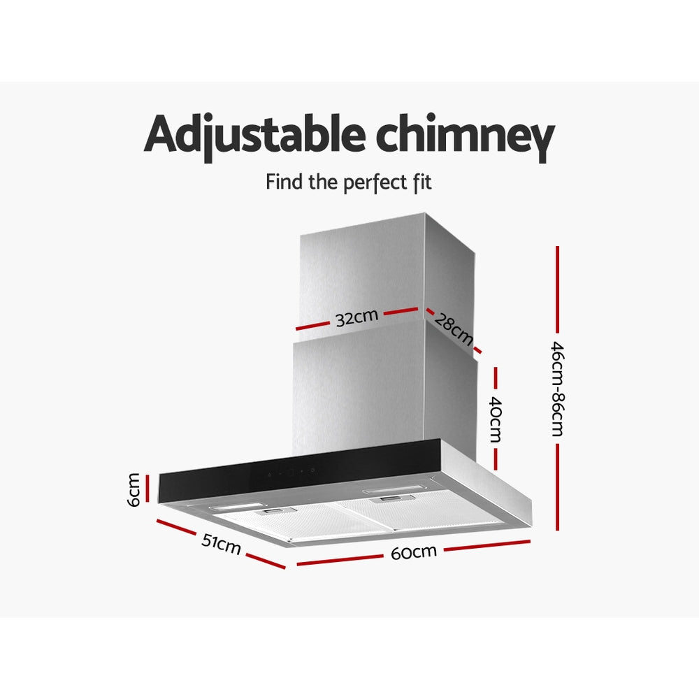 Cooking Ranges: Devanti 600mm Range Hood 60cm Rangehood Glass Stainless Steel
