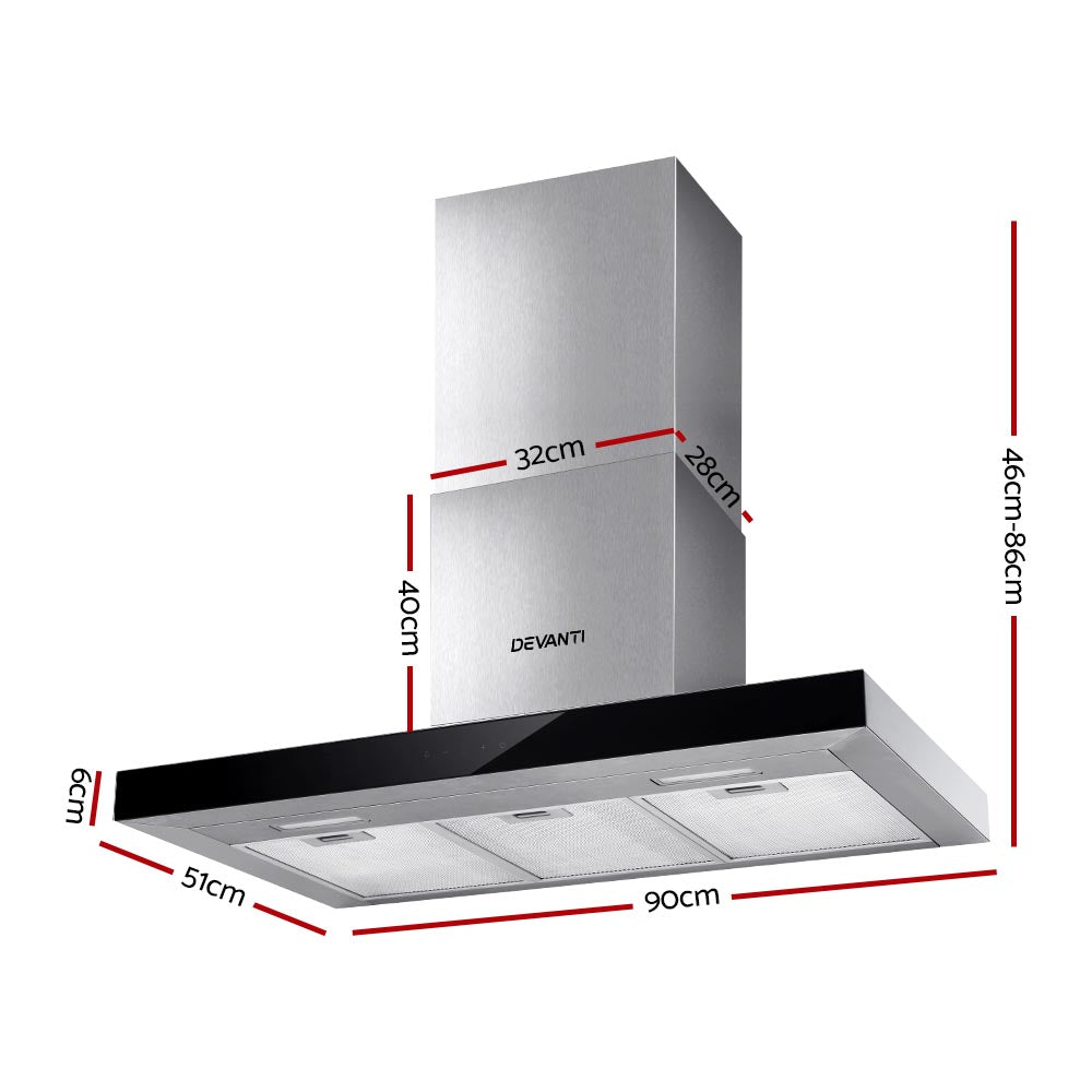 Cooking Ranges: Devanti 900mm Range Hood 90cm Rangehood Glass Stainless Steel
