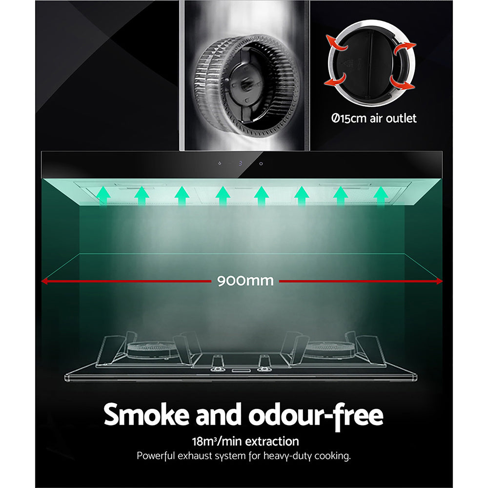 Cooking Ranges: Devanti 900mm Range Hood 90cm Rangehood Glass Stainless Steel