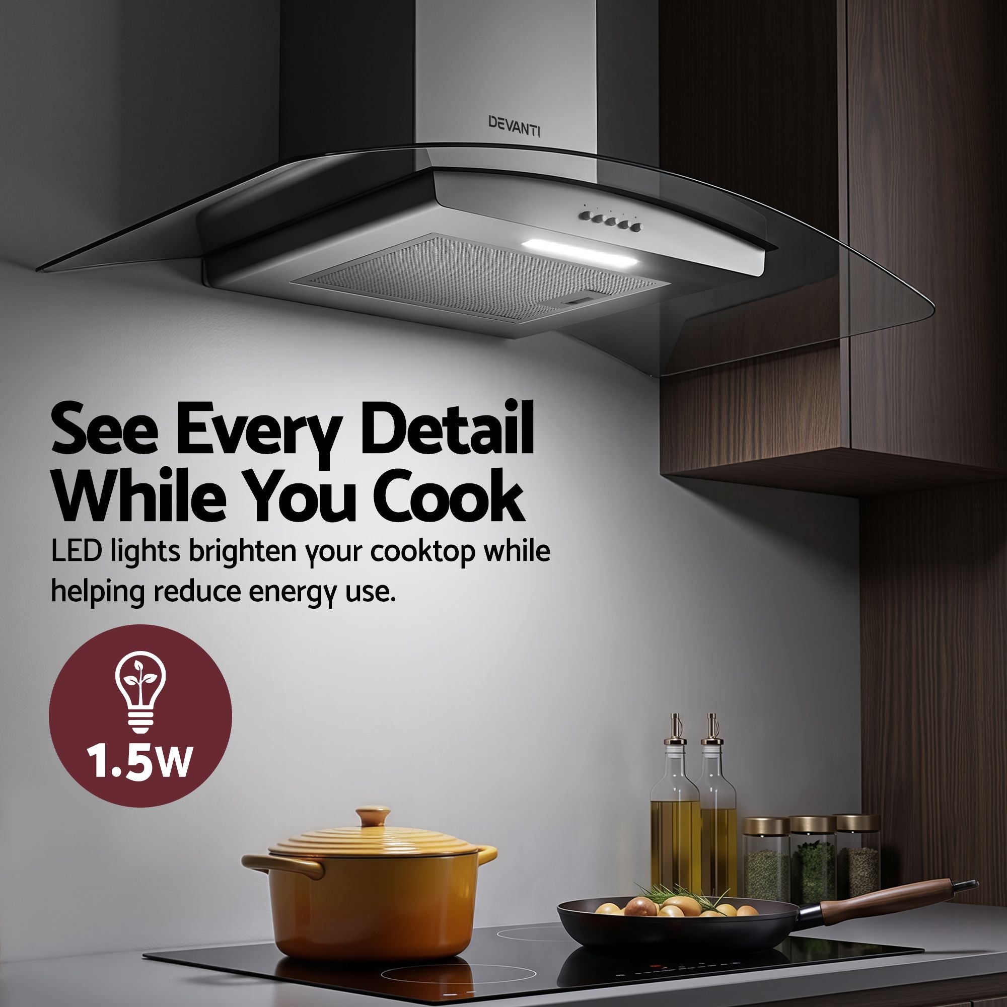 Devanti 90cm Range Hood Curved Glass Canopy Rangehood Kitchen Exhaust Fan