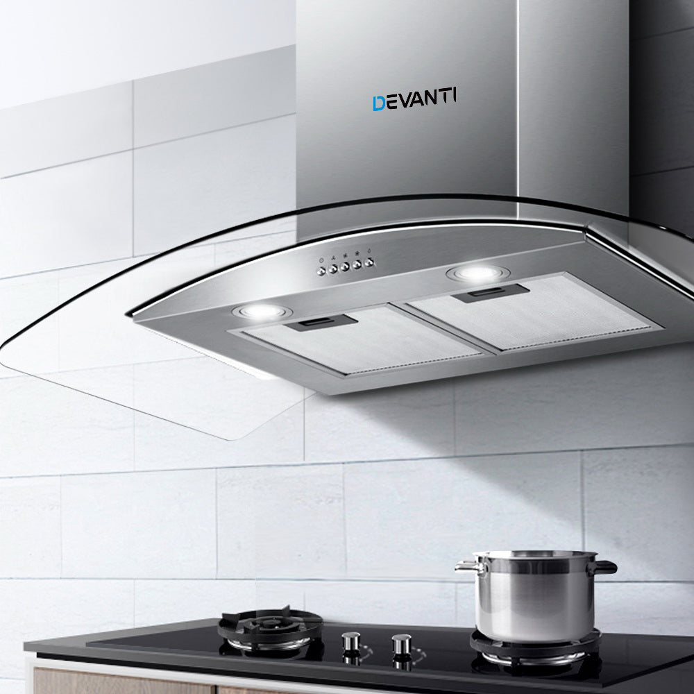 Cooking Ranges: Devanti 900mm Range Hood 90cm Rangehood Glass Canopy