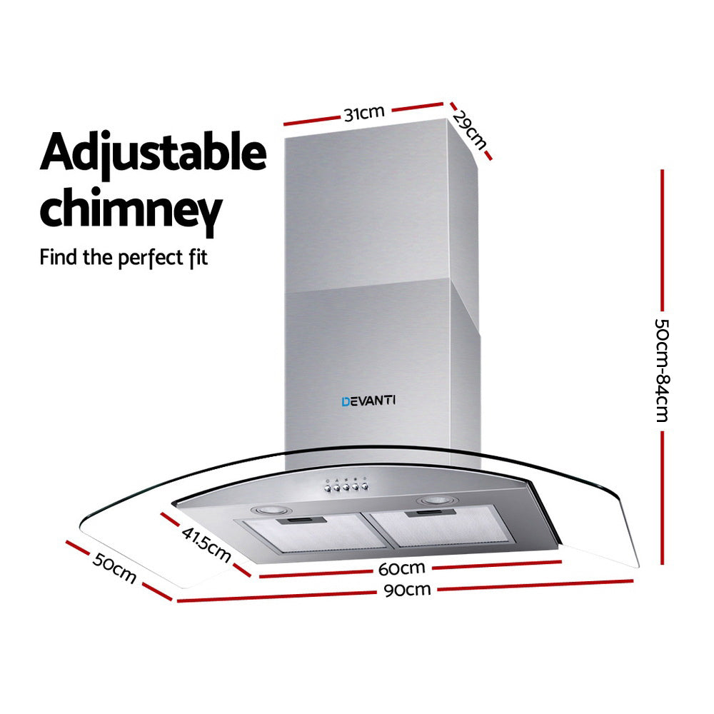 Cooking Ranges: Devanti 900mm Range Hood 90cm Rangehood Glass Canopy