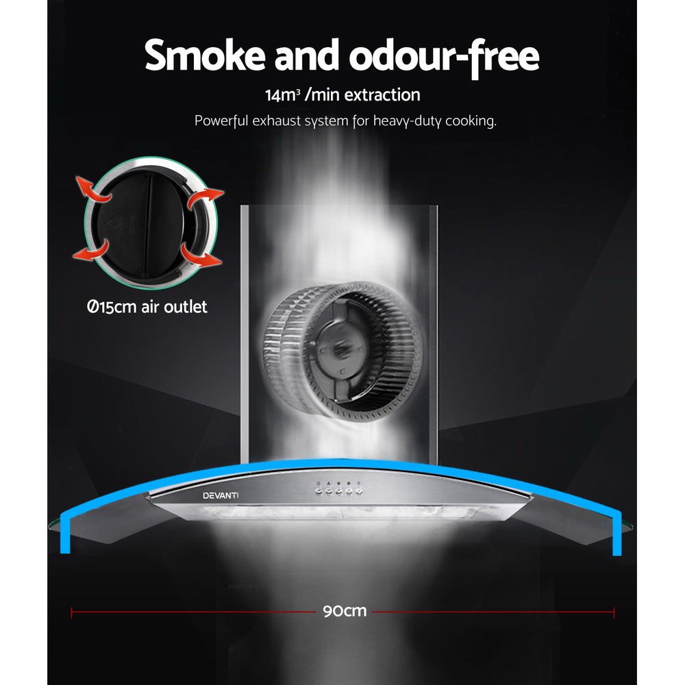 Cooking Ranges: Devanti 900mm Range Hood 90cm Rangehood Glass Canopy