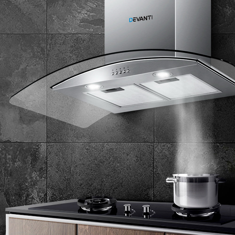 Cooking Ranges: Devanti 900mm Range Hood 90cm Rangehood Glass Canopy