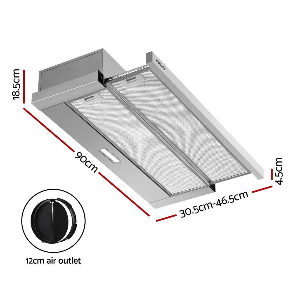 Cooking Ranges: Devanti 900mm Range Hood 90cm Slide out Rangehood Stainless Steel