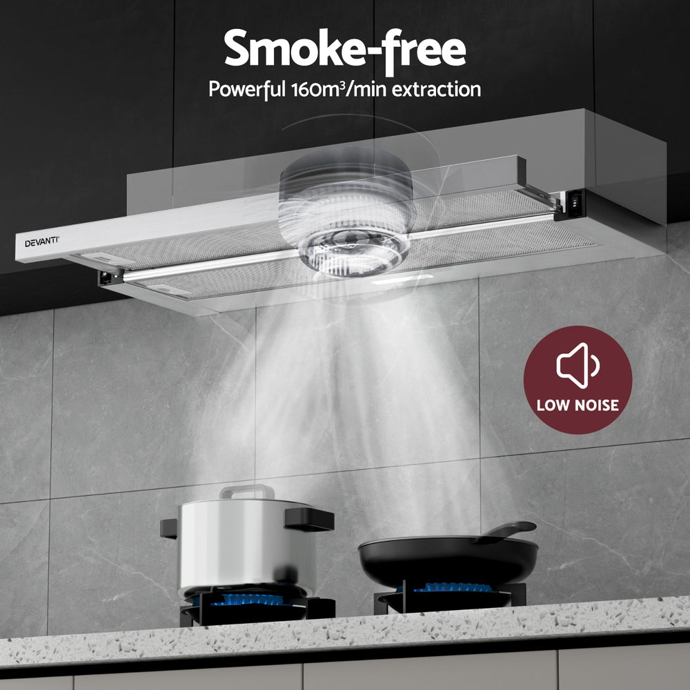 Cooking Ranges: Devanti 900mm Range Hood 90cm Slide out Rangehood Stainless Steel
