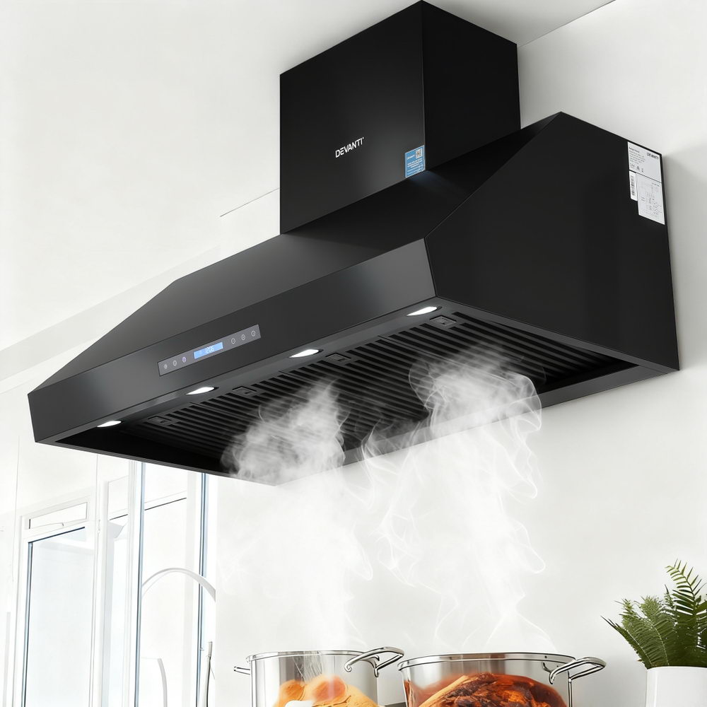 Cooking Ranges: Devanti 1200mm Commercial BBQ Range Hood Dual Motor W/ Remote Control Black