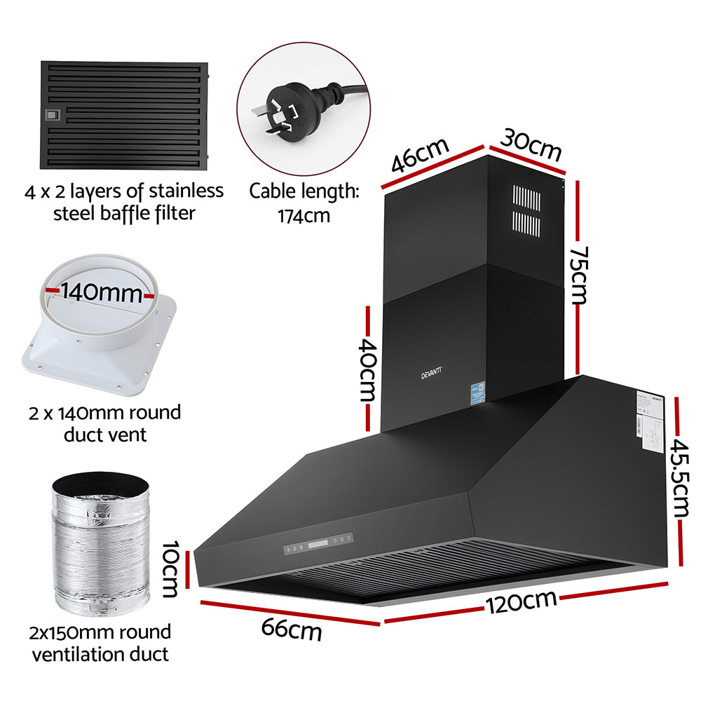 Cooking Ranges: Devanti 1200mm Commercial BBQ Range Hood Dual Motor W/ Remote Control Black