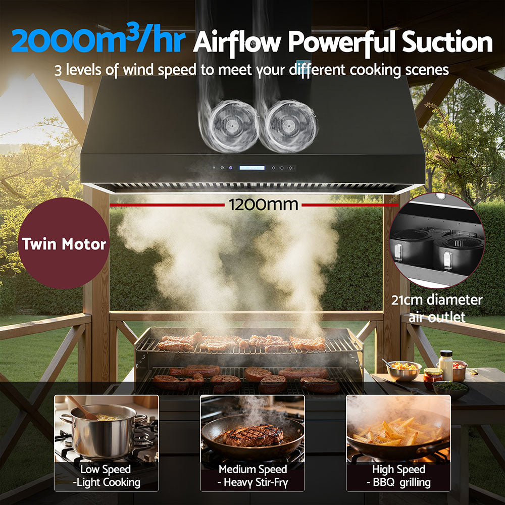 Cooking Ranges: Devanti 1200mm Commercial BBQ Range Hood Dual Motor W/ Remote Control Black