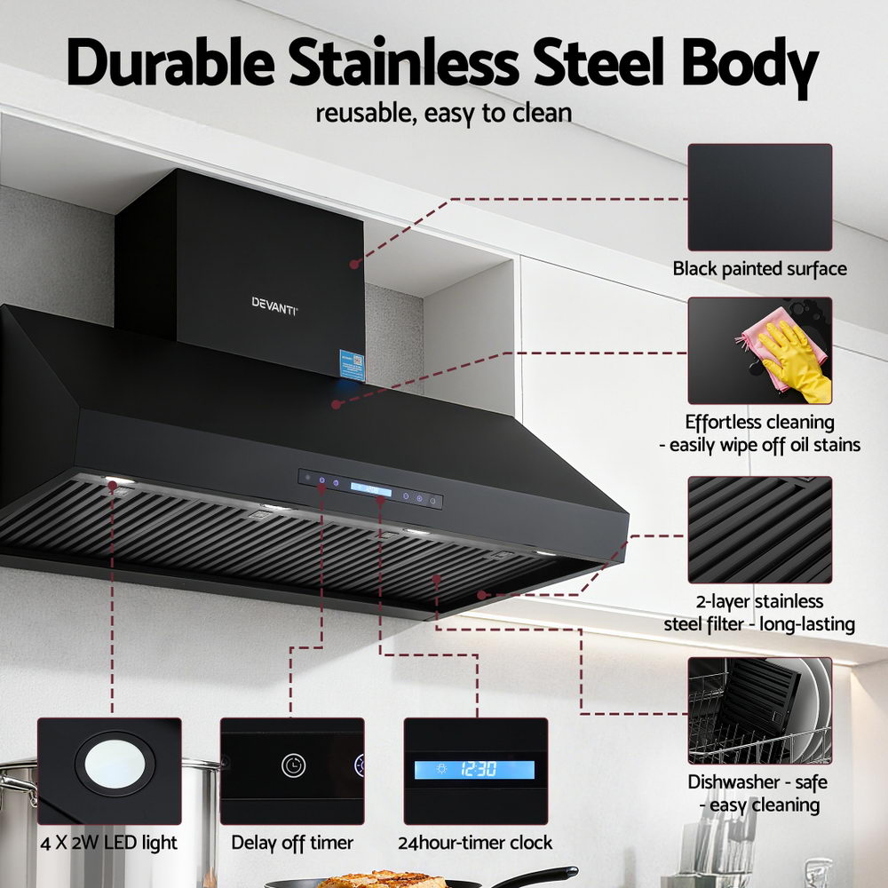 Cooking Ranges: Devanti 1200mm Commercial BBQ Range Hood Dual Motor W/ Remote Control Black