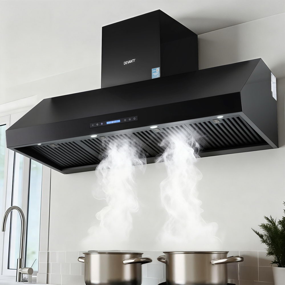 Cooking Ranges: Devanti 1500mm Commercial BBQ Range Hood Dual Motor W/ Remote Control Black