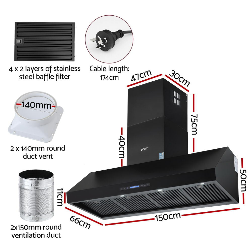 Cooking Ranges: Devanti 1500mm Commercial BBQ Range Hood Dual Motor W/ Remote Control Black