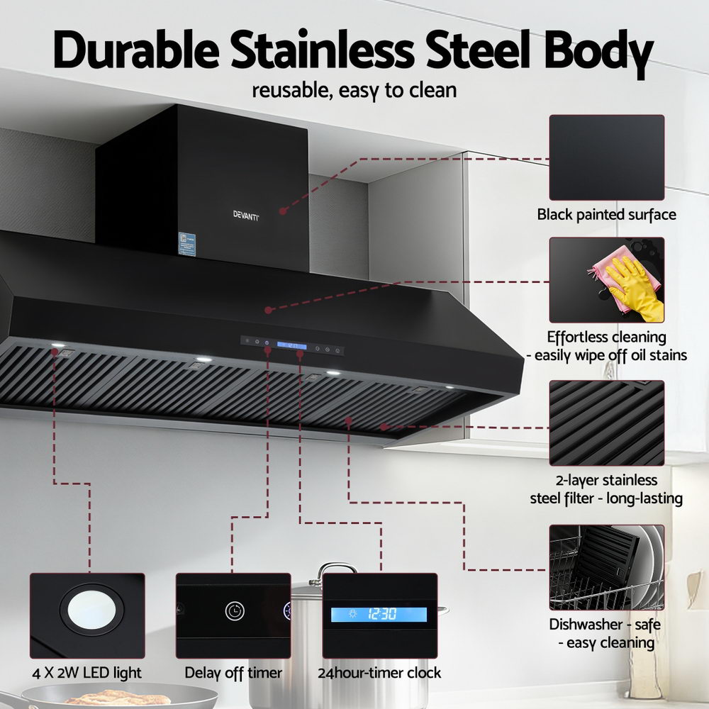 Cooking Ranges: Devanti 1500mm Commercial BBQ Range Hood Dual Motor W/ Remote Control Black